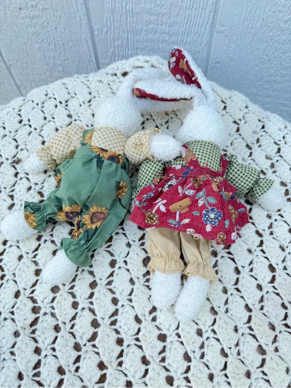 Handcrafted Plush Bunny Pair in Green and Red Dresses vintage